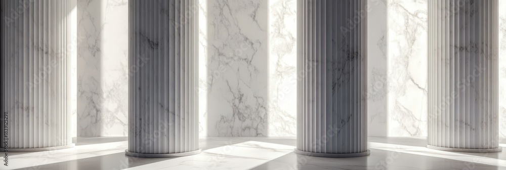 Naklejka premium Elegant marble colonnade with soft light beams highlighting architectural details and columns.