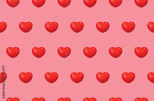 Seamless pattern of rows of identical 3D red glossy hearts on a solid light pink background. Perfect tileable wallpaper, fabric design and wrapping paper. Vector Illustration