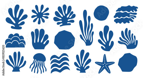 Collection of Blue Abstract Sea Life and Wave Shapes
