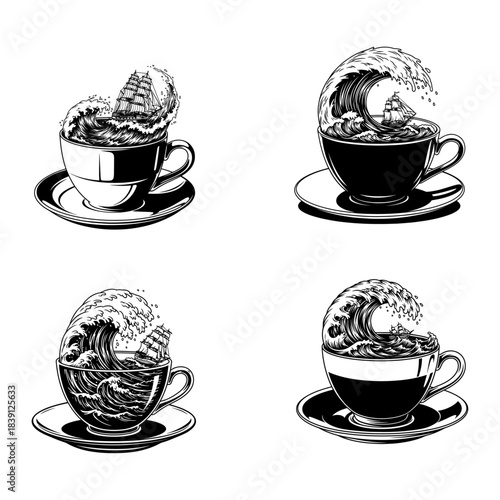 Storm in a Teacup. Ship sailing on giant ocean waves inside a coffee cup. Vintage engraving style vector illustration set.