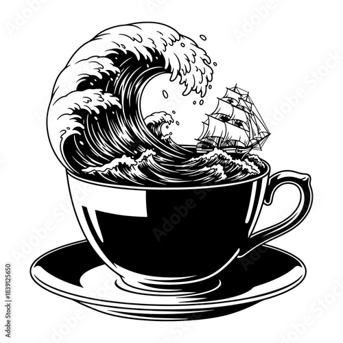 Storm in a Teacup. Ship sailing on giant ocean waves inside a coffee cup. Vintage engraving style vector illustration set.
