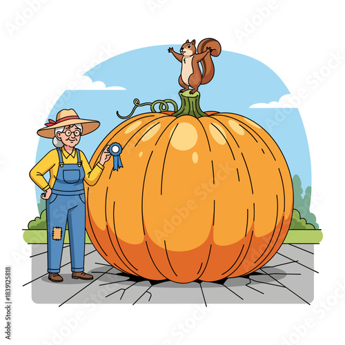 Happy Grandmother Farmer with Giant Pumpkin. Senior woman holding prize ribbon with squirrel on huge vegetable. Cartoon vector illustration.