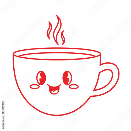 Cute red outline coffee cup with happy face hot drink