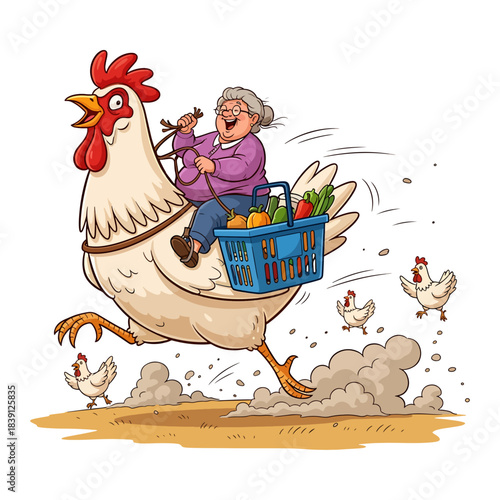 Funny Grandma Riding Giant Chicken. Senior woman with grocery basket running fast on huge rooster. Cartoon vector illustration.