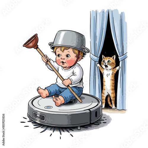 Funny Baby Knight Riding Robot Vacuum. Toddler playing warrior with pot helmet and plunger scaring cat. Cartoon vector illustration.