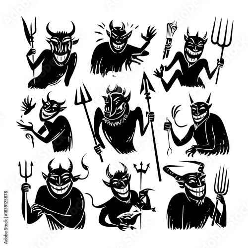 Devils and Demons in Various Poses with Pitchforks in Black and White Illustration for Horror Theme isolated on transparent background