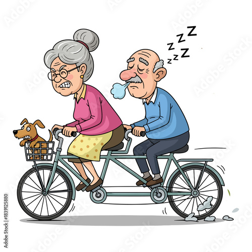 Funny Senior Couple on Tandem Bike. Angry wife pedaling hard while lazy husband sleeps. Cartoon vector illustration.