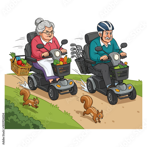 Funny Senior Couple Racing Mobility Scooters. Grandma with groceries vs Grandpa with golf clubs. Cartoon vector illustration.
