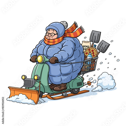 Funny Grandma on Snowplow Scooter. Senior woman riding winter vehicle with shovel, salt and pizza. Cartoon vector illustration.