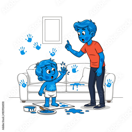 Funny Father and Toddler Covered in Blue Paint. Messy child painted room and couch while dad is shocked. Cartoon vector illustration.