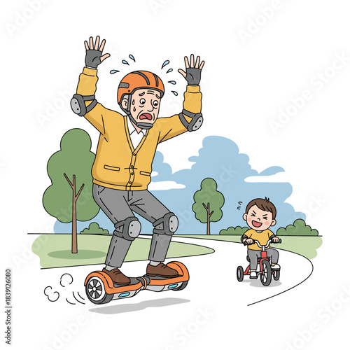 Funny Scared Grandpa on Hoverboard. Senior man losing balance on electric self-balancing scooter while grandson rides tricycle. Cartoon vector illustration.