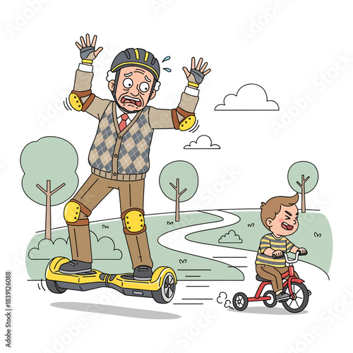 Funny Grandpa Scared on Hoverboard. Senior man losing balance on electric scooter while grandson rides tricycle. Cartoon vector illustration.