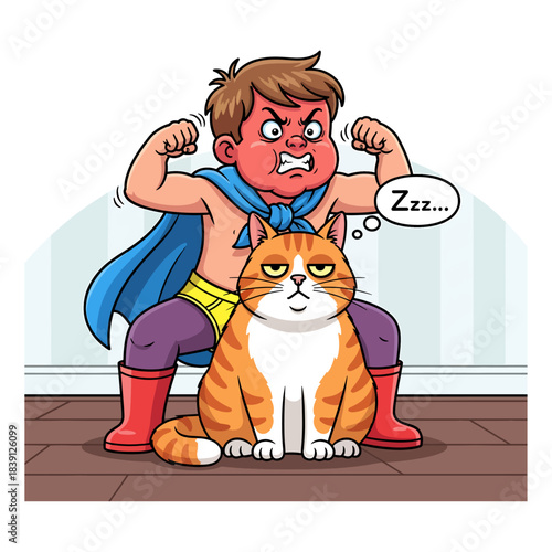 Funny Little Superhero Boy Flexing Muscles Behind Lazy Sleeping Cat. Angry child in costume trying to impress bored pet. Cartoon vector illustration.