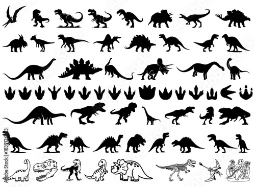 Big Dinosaur Silhouettes Collection with Footprints and Skeleton Outlines