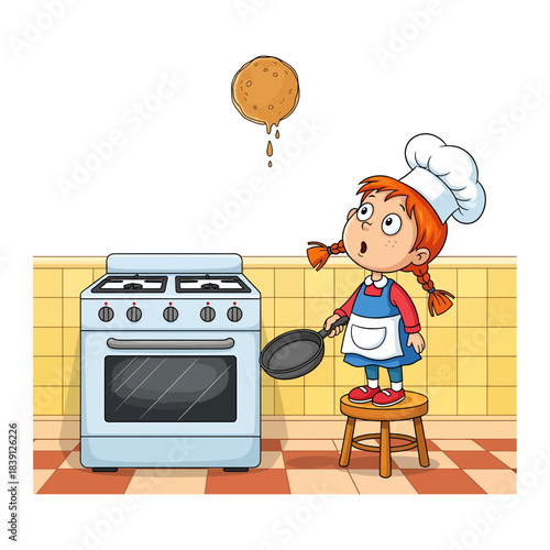 Funny Little Chef Girl with Pancake Stuck on Ceiling. Cute child cooking fail in kitchen. Cartoon vector illustration.