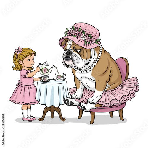 Funny Little Girl Having Tea Party with Grumpy Bulldog. Cute child pouring tea for pet dog wearing pink tutu and bonnet. Cartoon vector illustration.