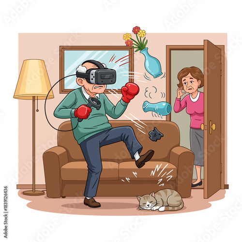 Funny Grandma Riding Giant Chicken. Senior woman with grocery basket running fast on huge rooster. Cartoon vector illustration.