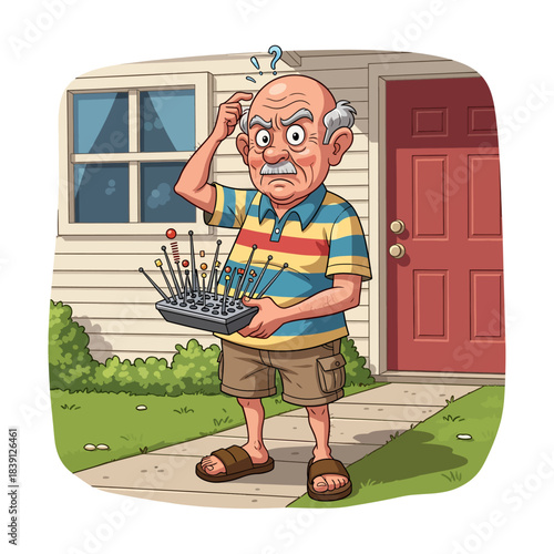 Funny Grandpa Playing VR Boxing. Senior man with virtual reality headset breaking vases while wife is shocked. Cartoon vector illustration.