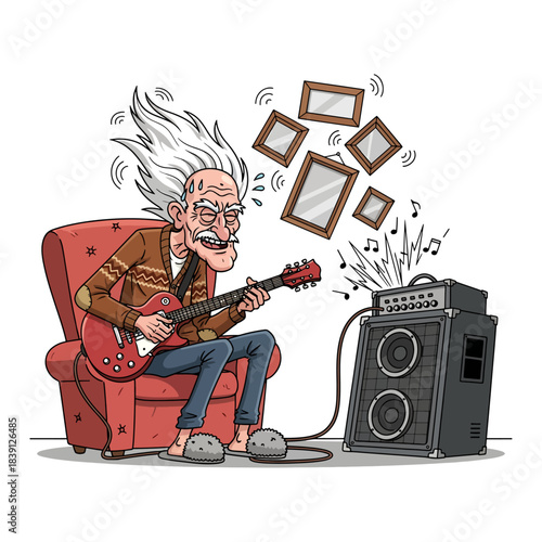 Funny Grandpa Rock Star Playing Electric Guitar in Chair. Senior man playing loud music with shaking picture frames. Cartoon vector illustration.