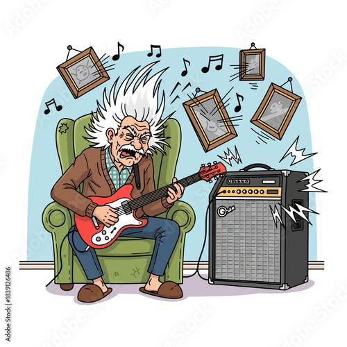 Funny Grandpa Rock Star Playing Electric Guitar. Senior man with wild hair shredding loud music on amplifier. Cartoon vector illustration.