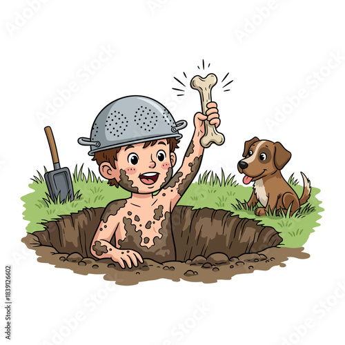 Funny Cartoon Boy with Colander Helmet Digging a Hole and Finding a Bone with His Dog
