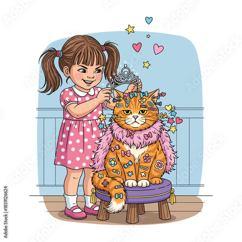 Funny Cartoon Little Girl in Polka Dot Dress Decorating a Grumpy Cat with a Tiara and Feather Boa