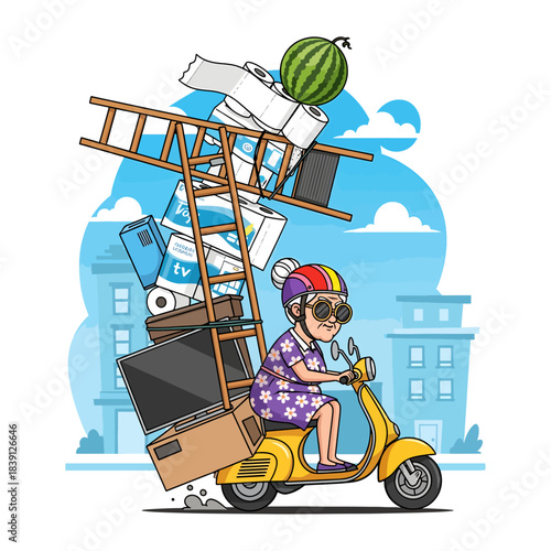 Funny Cartoon Grandma Riding a Scooter Overloaded with Toilet Paper, a TV, and a Ladder