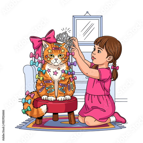 Funny Cartoon Little Girl Putting a Tiara and Hair Clips on a Grumpy Cat
