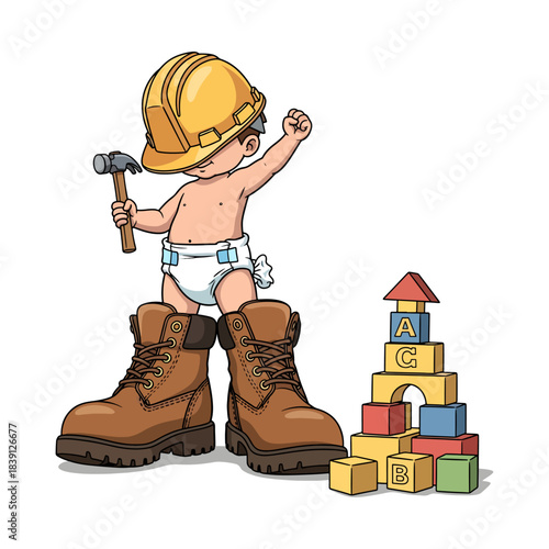 Cute Cartoon Baby Construction Worker Wearing Oversized Boots and Helmet Holding a Hammer Next to Alphabet Blocks