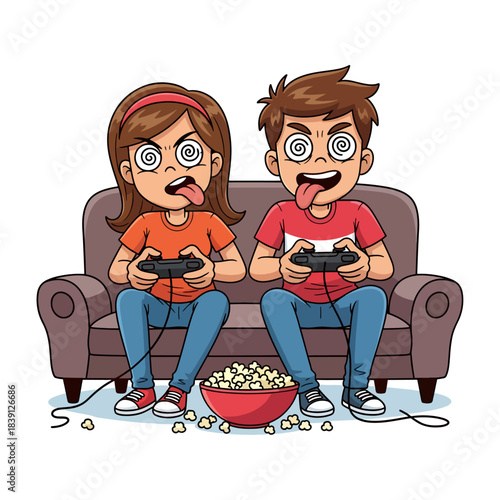 Funny Cartoon Kids Playing Video Games on a Sofa with Hypnotized Spiral Eyes and Popcorn