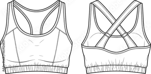 Adjustable strap sports bra technical flat sketch showing front and back construction details for activewear apparel design, sewing pattern, CAD vector illustration