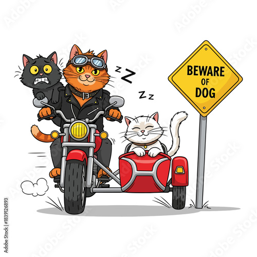 Funny Cartoon Cats Riding a Motorcycle with Sidecar and Ignoring a Beware of Dog Sign