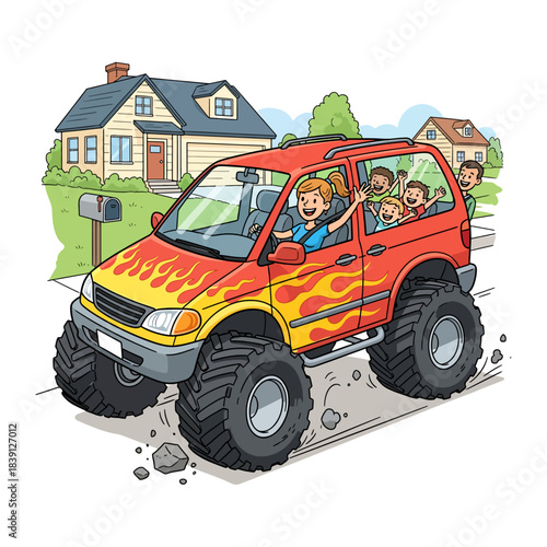 Cool Mom Driving a Red Monster Truck SUV with Flames and Happy Kids Through a Suburban Neighborhood