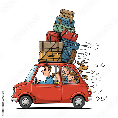 Cartoon Family Going on a Summer Road Trip Vacation in a Small Red Car Overloaded with Luggage and a Dog