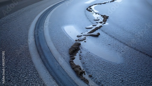 deceleration. Tire marks from a sharp turn on a wet road with splashes of mud. mobility guides, transit brochures, designed for transport & logistics marketing, improves user orientation.