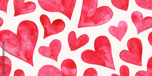 Seamless pattern with watercolor hearts, red and pink colors, symbolizing love for wedding or Valentines Day decoration, vector illustration.