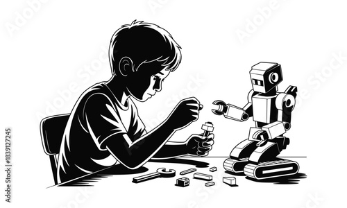 Boy assembling robot with tools and parts child assembly