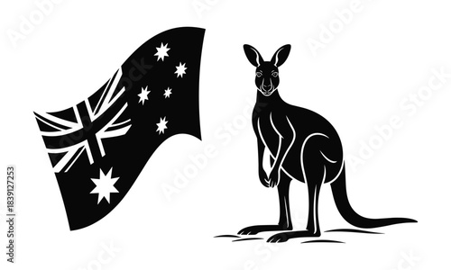 Black silhouette kangaroo and Australian flag  Happy Australian  Day Concept 
