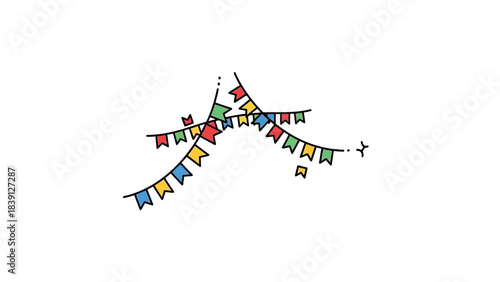 Colorful bunting flags strung across white background festive decoration for parties and celebrations hand-drawn illustration
