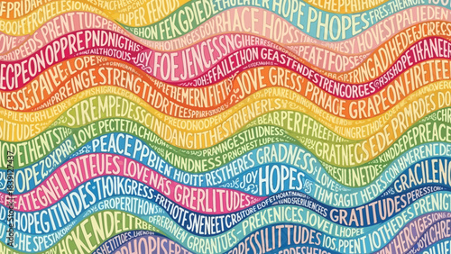 Colorful wavy background with positive words representing hope and gratitude ideal for inspirational designs and backgrounds