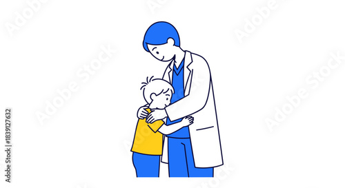 Doctor comforting child with a hug in a medical setting  
