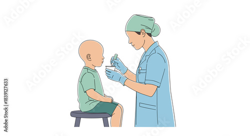Nurse giving medication to young boy in clinic setting  