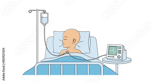 Child patient receiving treatment in hospital bed with IV drip  