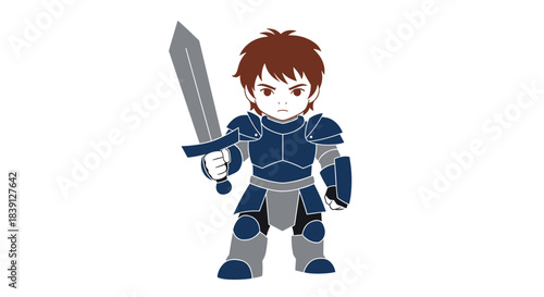 Young knight holding sword in armor with determined expression  