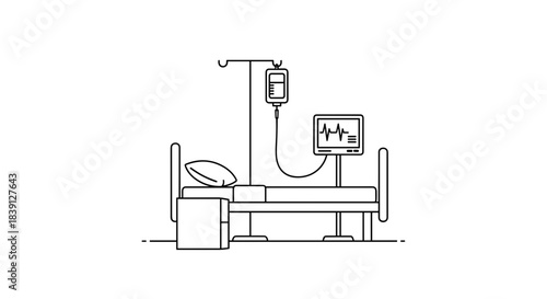 Hospital room with a bed, IV drip, and heart monitor equipment  