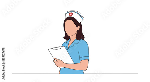 Nurse holding clipboard in blue uniform with white cap and no face  