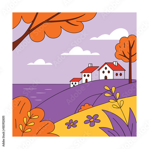 A picturesque landscape with houses on a hill, surrounded by trees and flowers, creating a serene and idyllic scene isolated on