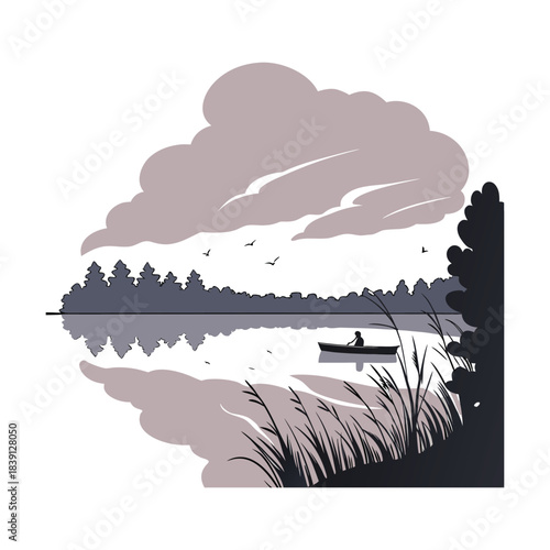 A tranquil lake scene with a lone canoeist silhouetted against a backdrop of trees, clouds, and water, evoking a sense of peace and solitude