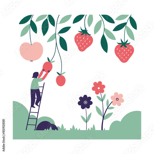 A person on a ladder picks fruit from a tree with apples and strawberries, surrounded by flowers in a garden isolated on