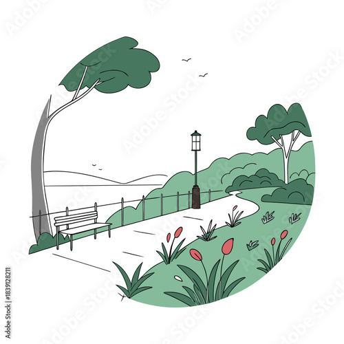 A serene park scene with a bench, lamppost, and lush greenery, offering a tranquil escape with a distant view of the water, isolated on